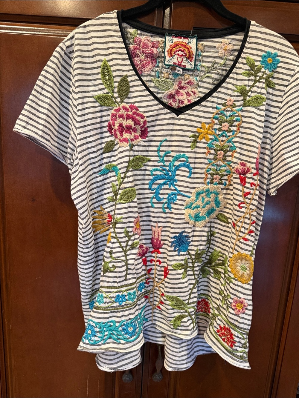Embroidered Floral Striped V-Neck Top